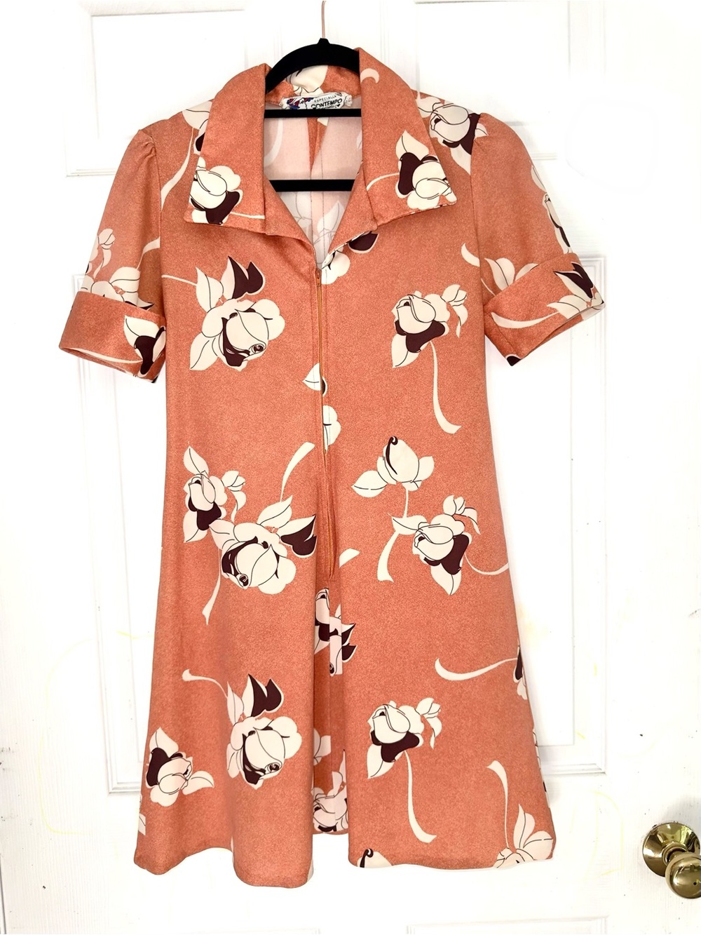 Vintage Especially Contempo Casuals Rust Floral A-Line Dress with Collar
